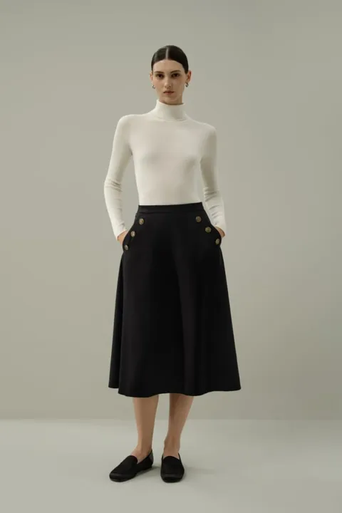 LILYSILK Jupe Midi Trapèze Raffinée En Soie-Laine Tweed De Soie Et Laine Structuré Noir 36