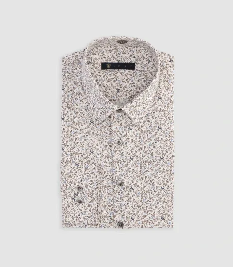 IZAC - Chemise slim à imprimé fleuris blanche et camel MANU
