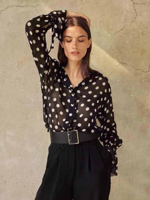 LILYSILK Chemisiers En Soie Femme Point D'Onde Motif À Pois, Manche Trompette Matière Georgette À De Nombreuses Occasions XS