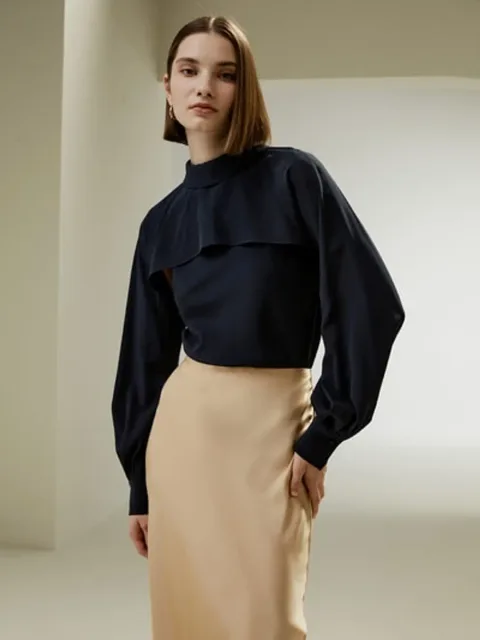 Camisole en soie 2 en 1 avec cache-manches lanterne à col haut