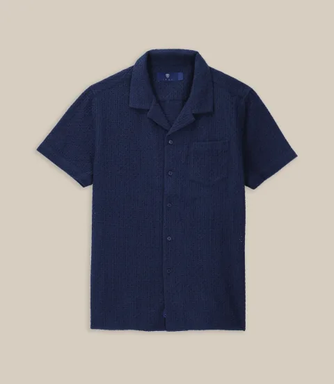 IZAC - Chemise uni brodé de coton marine