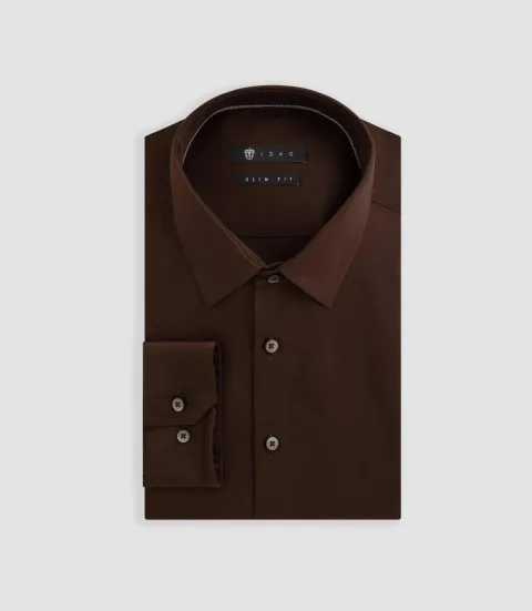 IZAC - Chemise satin slim marron ''Satinslim''