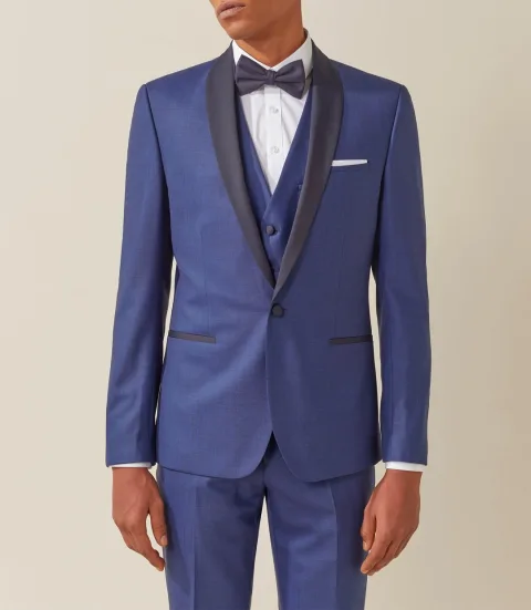 IZAC - Costume de cérémonie laine bleu col châle ''Feri''