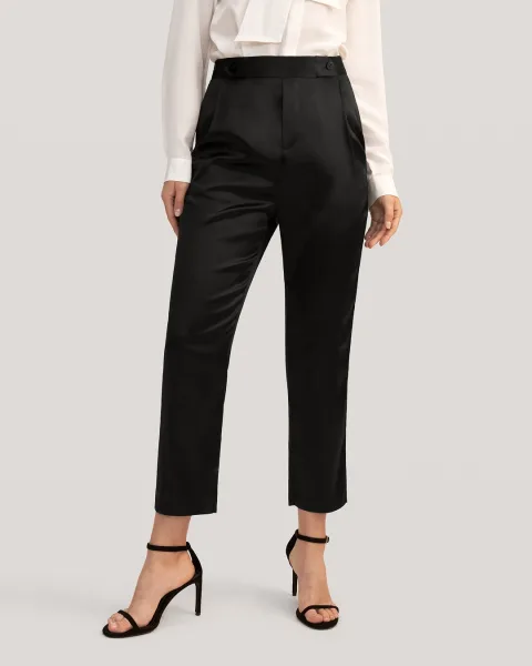 LILYSILK Pantalon Soie Noir Femme Taille Haute, Fermeture Éclair Cachée Soie Extensible De Qualité Température Réglable Pantalon Noir 44-46
