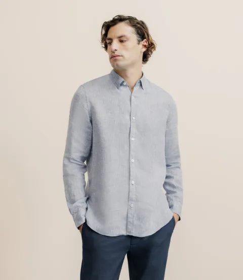 IZAC - Chemise unie 100% lin bleu denim
