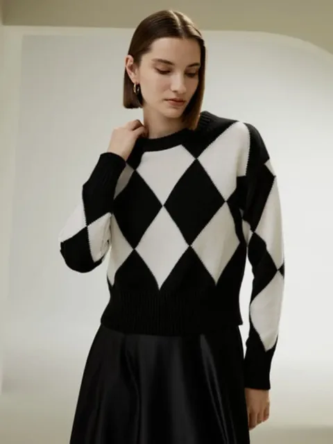 LILYSILK Pull Cachemire Femme Élégant Motif Losange Col Rond Noir & Blanc M
