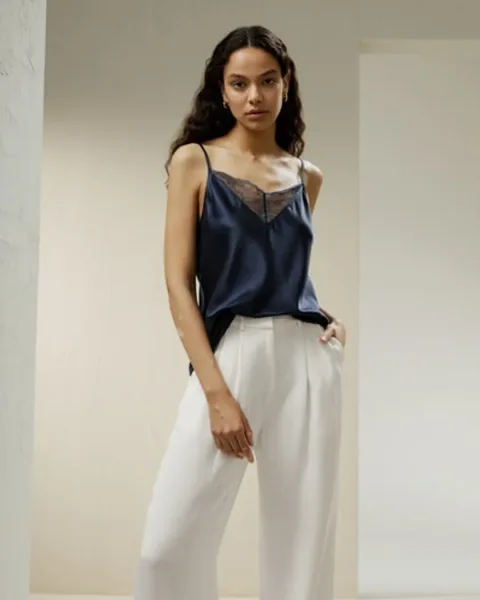LILYSILK Caraco 2 en 1 Femme en Soie Charmeuse et Dentelle | Chameau Profond S