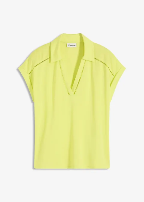 Polo en maille piquée de viscose avec empiècement en dentelle