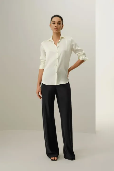 LILYSILK Chemise Soie Col Étalé Blanc S - Douce & Fluide, Boutons Coquille, Chic Décontracté