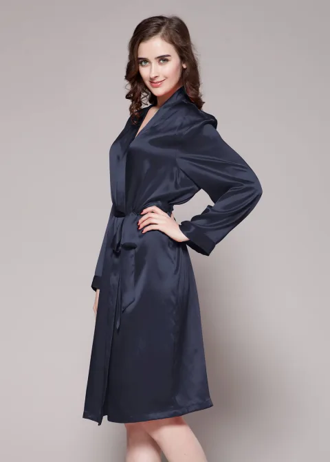 LILYSILK Peignoir Long Soie Femme Noir Banded Cuffs, Ceinture En Soie 100% Soie De Mûrier Bon Rapport Qualité-Prix, Respectueux De La Peau XL