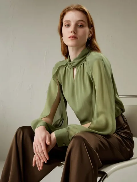 LILYSILK Blouse Femme Élégante en Soie à Manches Lanternes et Col à Nœud Pistache XXS