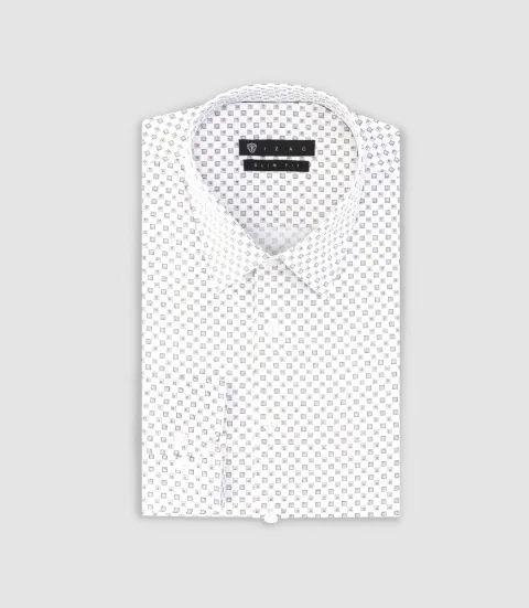 IZAC - Chemise imprimée micro motifs blanche et camel PAMPA