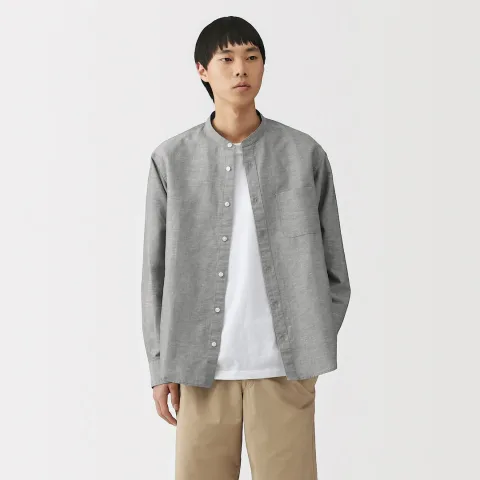 Chemise à col mao en mélange de chanvre pour homme