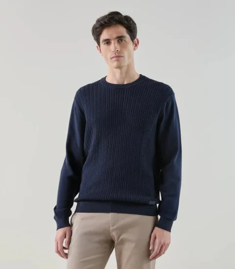IZAC - Pull col rond en maille torsadée marine