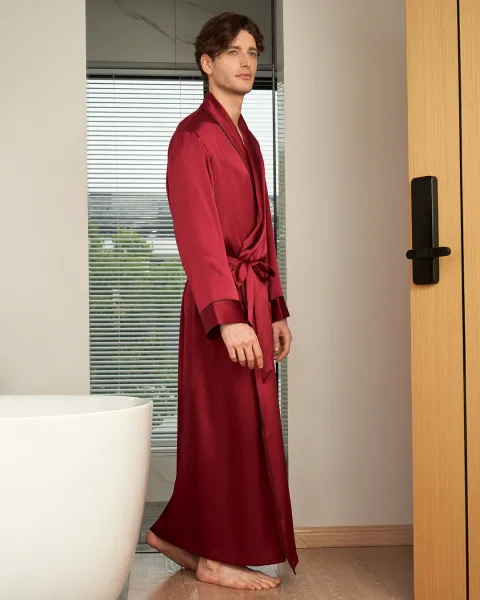 LILYSILK Robe De Chambre Longue Soie Homme Noir Col Rabattu, Style Naturel 100% Soie De Mûrier Respirant Super Léger Robe De Chambre XS