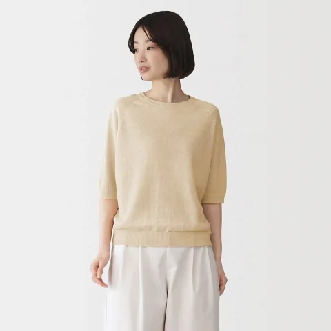 Pull à manches courtes en lin à mailles fines pour femme