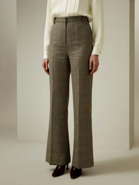 LILYSILK Pantalon Laine Et Soie Brun Cendré Chèque Glen, Style Formel Mélange Soie-Laine Élégance Intemporelle Et Style Sophistiqué 34