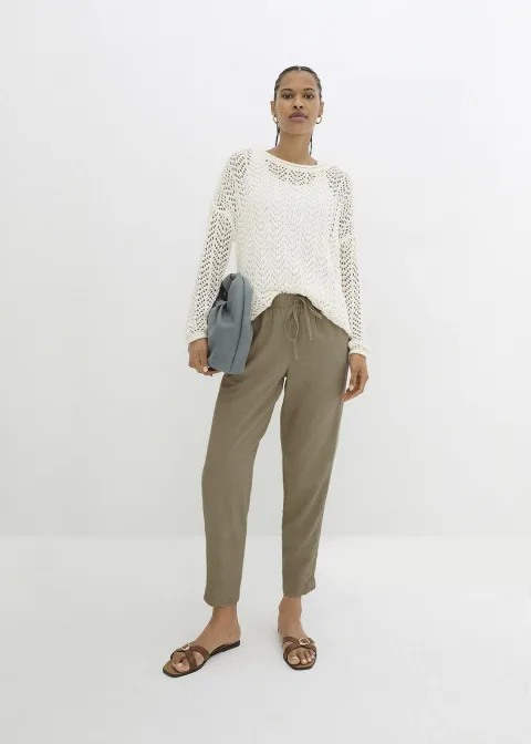 Pantalon en lin majoritaire avec empiècement de dentelle sur le côté, longueur cheville