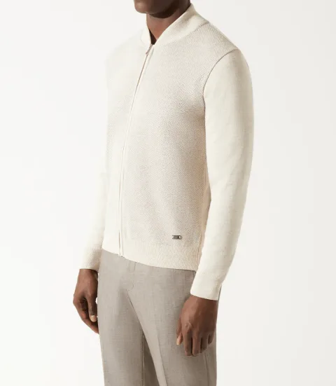 IZAC - Gilet zippé jeux de point beige en mérinos