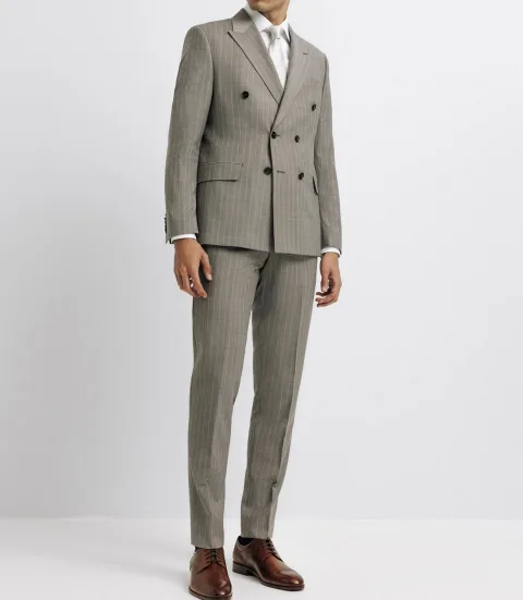 IZAC - Costume croisé rayé beige
