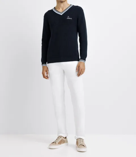 IZAC - Pull col V brodé marine