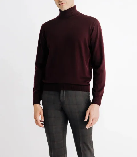 IZAC - Pull col roulé en laine mérinos bordeaux