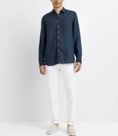 IZAC - Chemise unie en lin marine