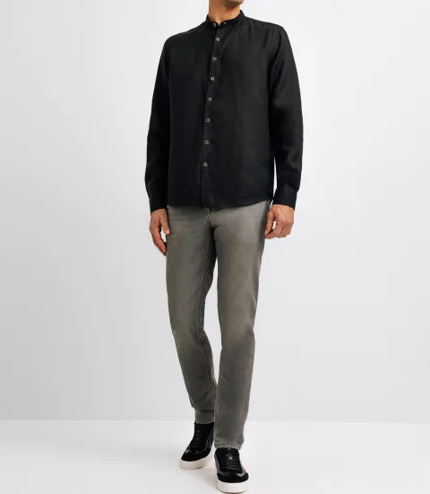 IZAC - Chemise en lin col mao noir