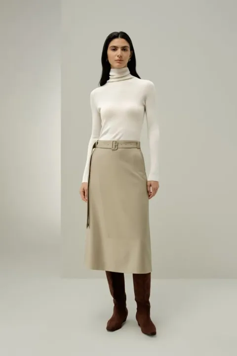LILYSILK Jupe Midi Ceinturée En Soie-Laine Ceinture Élastique Noir 38