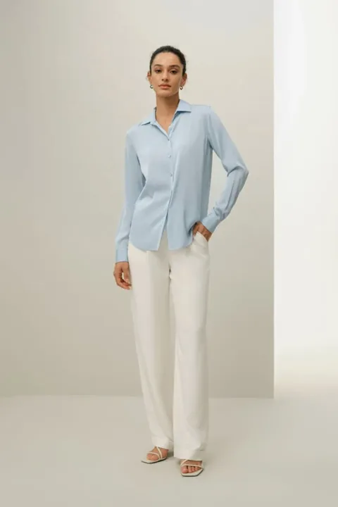 LILYSILK Chemise Soie Femme Bleu Clair M - Col Étalé, Boutons Coquille, Doux et Fluide