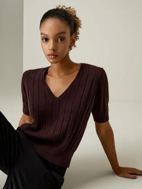 LILYSILK T-Shirt En Cachemire Gris Moyen Manches Courtes Avec Col En V 100 % Cachemire Un Toucher Incroyablement Doux Et Confortable M