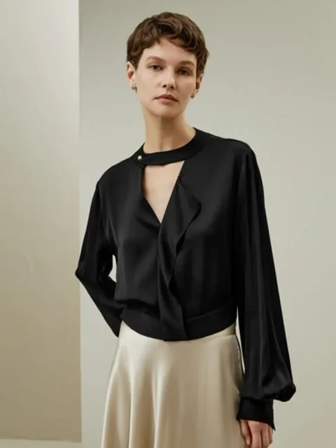 LILYSILK Chemisier Femme Soie Noir Collier Inspiré D'Un Tour De Cou 100 % Soie Double Joe Confortable Brillant Lisse Doux L
