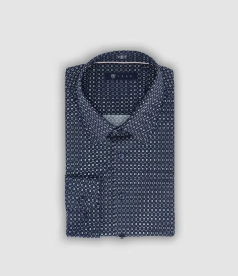 IZAC - Chemise slim imprimée marine bleu gris PAUL