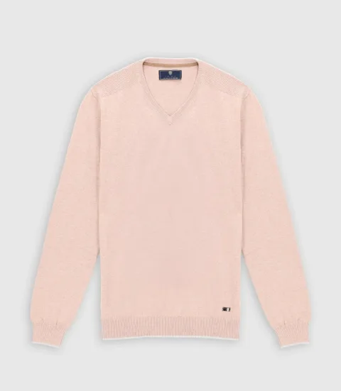 IZAC - Pull col v rayé beige rose