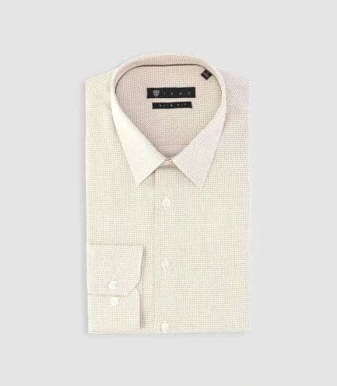 IZAC - Chemise slim imprimée micro motifs blanche et beige PRESTO