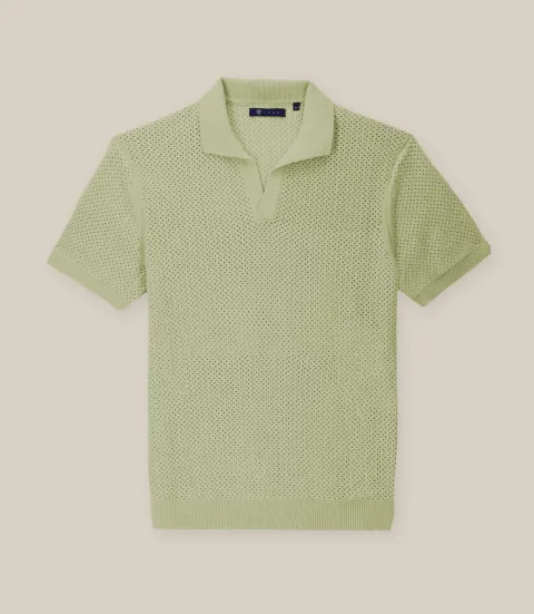 IZAC - Polo col ouvert en maille ajouré kaki clair