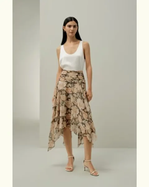 LILYSILK Jupe Soie Ourlets Symétriques Et Taille Froncée Mousseline De Soie Coupe Régulière Poppy Parade 46