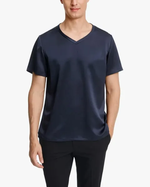 LILYSILK T Shirt Soie Homme Bleu Marine Col En V, Manches Courtes 100% Soie Naturellement Antibactérien T Shirt L