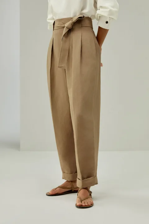 LILYSILK Pantalon Fuselé En Mélange Soie-Lin Pantalon Fuselé À Revers Roulés Mélange Soie-Lin Texture Luxueuse Style Moderne Chêne 40