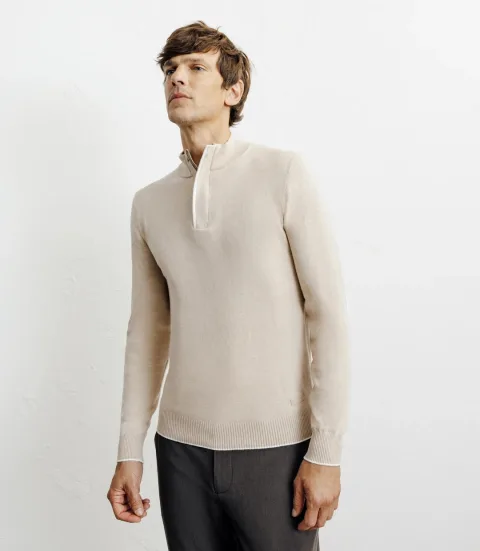 IZAC - Pull col montant demi zippé beige