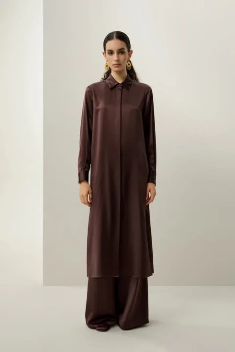 LILYSILK Robe Chemise Longue en Soie Charmeuse Stretch Femme Élégante Bleu Vapeur XS