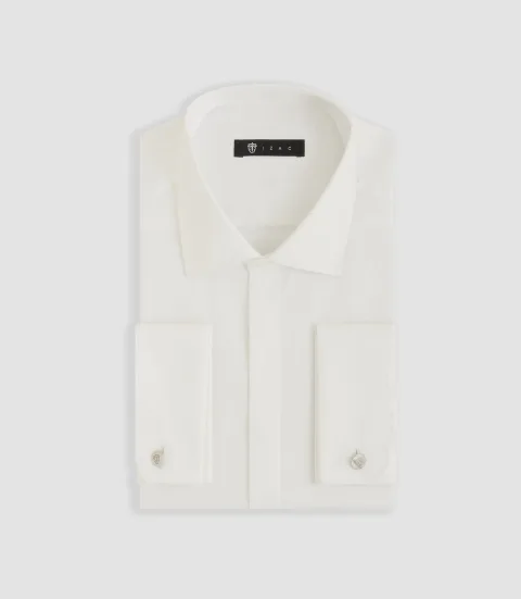 IZAC - Chemise slim en satin de coton écru SATINMIXSLOUT