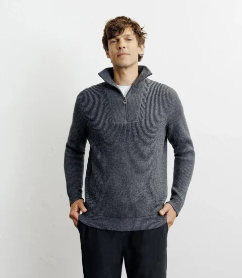 IZAC - Pull en laine col camionneur anthracite