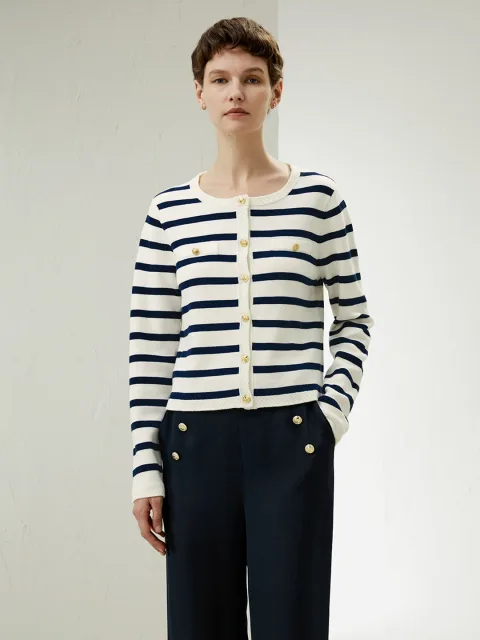 LILYSILK Cardigan Femme Bleu Marine À Rayures Blanches Chemise De Couche De Base 100% Cachemire Un Toucher Incroyablement Doux Et Confortable XL