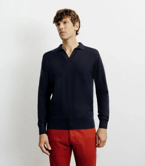 IZAC - Pull col polo en laine mérinos marine