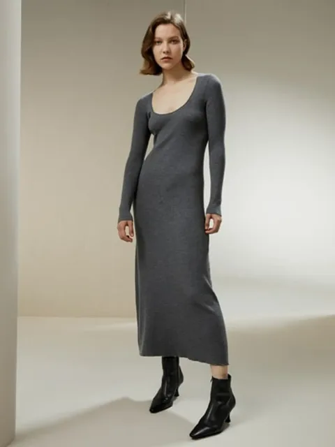 LILYSILK Robe En Laine Femme Gris Robe Midi Moulante Côtelée Laine Mérinos Ultra Fine Élégance Immédiate Et Gracieuse M