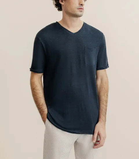 IZAC - T-shirt col V 100% lin marine