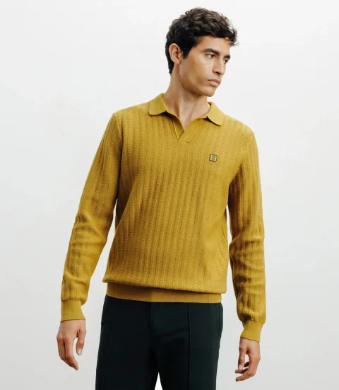 IZAC - Pull col polo ouvert jeux de points jaune