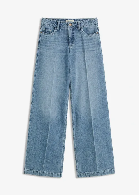 Jean large taille mi-haute, longueur sol, peu extensible