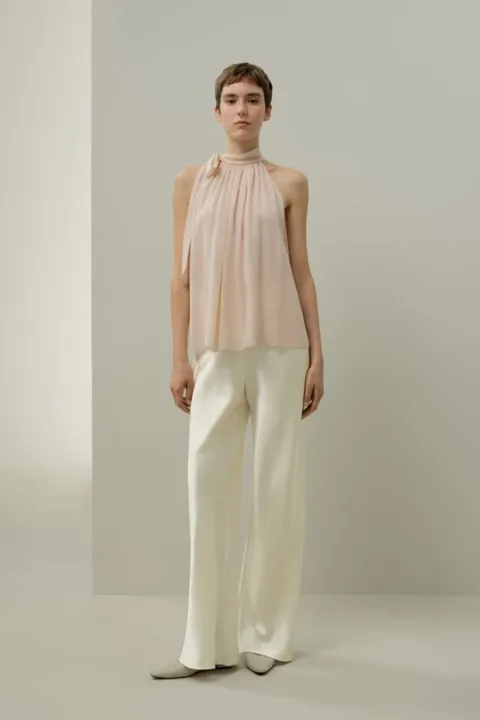 LILYSILK Chemisier Georgette Rose poudré L | Élégant & Fluide | Col Noué Ajustable | Soie Double Épaisseur
